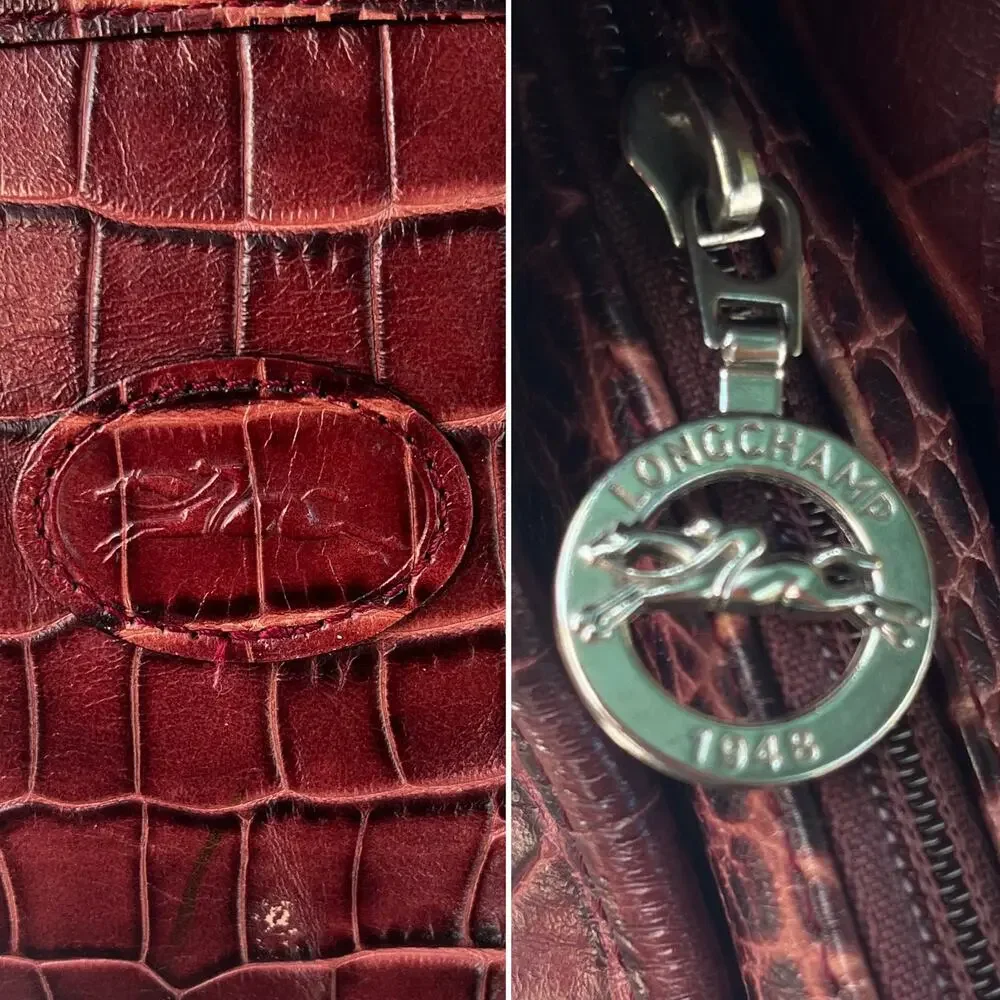 Longchamp Le Foulonné Vintage Burgundy Croc Embossed Leather Shoulder Bag Y2K